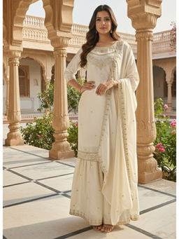 Mirraw - Women Silk Blend Embroidered White Kurta and Palazzo with Dupatta