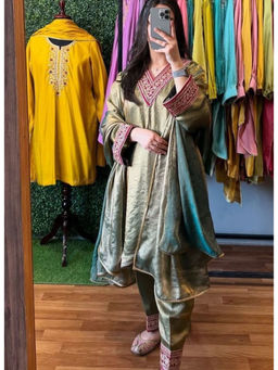 Mirraw - Women Silk Blend Embroidered Olive Kurta and Pant with Dupatta