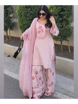 Mirraw - Women'S Crepe Embroidered Pink Kurti and Palazzo with Dupatta