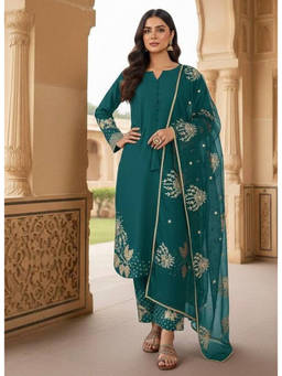 Mirraw - Women'S Silk Blend Embroidered Teal Kurta and Pant with Dupatta