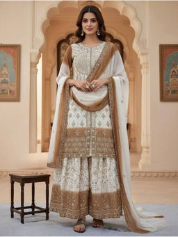 Mirraw - Women'S Georgette Embroidered Beige Anarkali and Pant with Dupatta