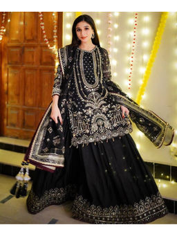 Mirraw - Women'S Georgette Embroidered Black Kurti and Palazzo with Dupatta