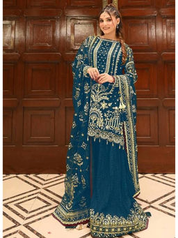 Mirraw - Women'S Georgette Embroidered Blue Kurti and Palazzo with Dupatta