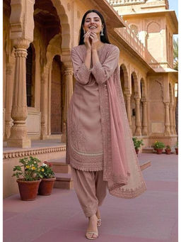 Mirraw - Women'S Crepe Embroidered Pink Kurta and Salwar with Dupatta