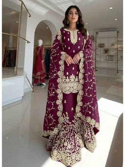 Mirraw - Women'S Silk Blend Embroidered Purple Kurta and Palazzo with Dupatta