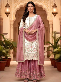 Mirraw - Women'S Silk Blend Embroidered White Kurta and Palazzo with Dupatta