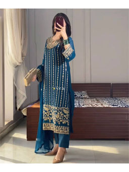 Mirraw - Women Silk Blend Embroidered Blue Kurta and Pant with Dupatta