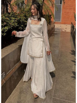 Mirraw - Women'S Silk Blend Embroidered White Kurta and Sharara with Dupatta