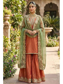 Mirraw - Women'S Silk Blend Embroidered Orange Kurta and Palazzo with Dupatta