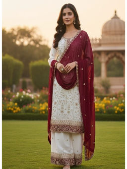 Mirraw - Women'S Georgette Embroidered White Kurta and Sharara with Dupatta