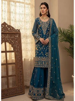 Mirraw - Women'S Silk Blend Embroidered Teal Kurta and Sharara with Dupatta