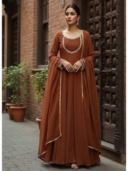 Mirraw - Women'S Georgette Embroidered Brown Anarkali and Pant with Dupatta