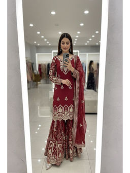 Mirraw - Women'S Georgette Embroidered Red Kurta and Sharara with Dupatta