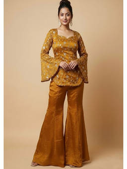 Mirraw - Women'S Silk Blend Embroidered Mustard Tunic and Palazzo