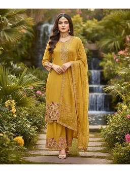 Mirraw - Women'S Georgette Embroidered Mustard Kurta and Palazzo with Dupatta