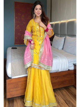 Mirraw - Women'S Organza Embroidered Yellow Kurta and Sharara with Dupatta