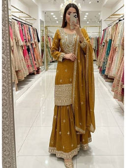 Mirraw - Women'S Silk Blend Embroidered Mustard Kurta and Palazzo with Dupatta