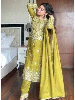 Mirraw - Women Embroidered Olive Kurta and Pant with Dupatta