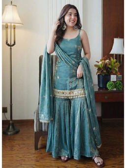 Mirraw - Women'S Silk Blend Embroidered Blue Kurta and Sharara with Dupatta