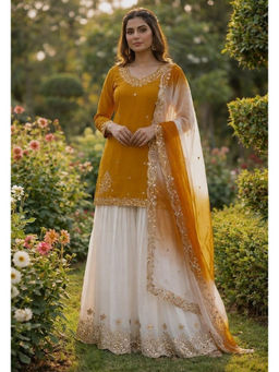 Mirraw - Women'S Crepe Embroidered Yellow Kurta and Sharara with Dupatta