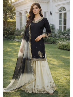 Mirraw - Women'S Crepe Embroidered Black Kurta and Sharara with Dupatta