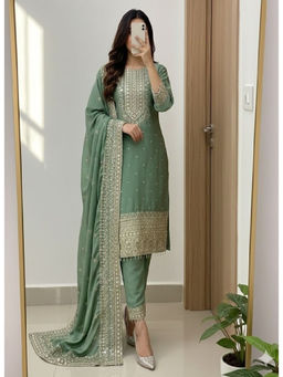 Mirraw - Women Silk Blend Embroidered Green Kurta and Pant with Dupatta