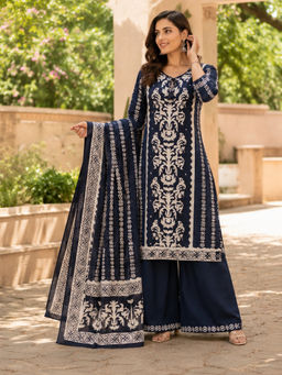 BERRYLICIOUS - Women's Cotton Printed Navy Blue Kurta And Palazzo With Dupatta