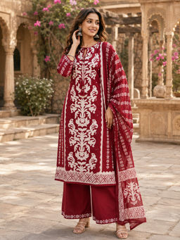BERRYLICIOUS - Women's Cotton Printed Red Kurta And Palazzo With Dupatta