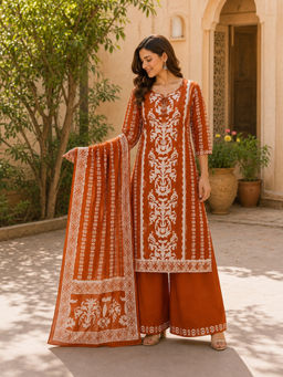 BERRYLICIOUS - Women's Cotton Printed Rust Kurta And Palazzo With Dupatta