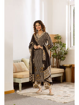 BERRYLICIOUS - Women's Cotton Printed Black Kurta And Pant With Dupatta
