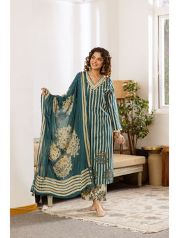 BERRYLICIOUS - Women's Cotton Printed Teal Kurta And Pant With Dupatta
