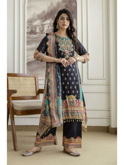BERRYLICIOUS - Women's Silk Blend Printed Black Kurta And Pant With Dupatta