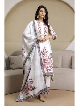 BERRYLICIOUS - Women's Silk Blend Floral White Kurta And Pant With Dupatta
