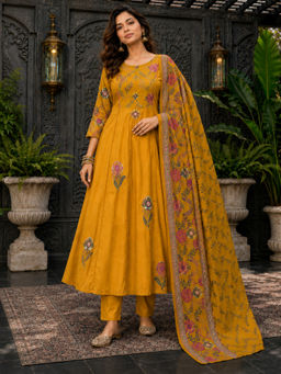 BERRYLICIOUS - Women's Cotton Embroidered Mustard Kurta And Pant With Dupatta