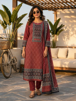 BERRYLICIOUS - Women's Cotton Printed Maroon Kurta And Pant With Dupatta