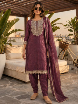 BERRYLICIOUS - Women's Tissue Embroidered Purple Kurta And Salwar With Dupatta