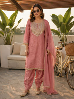BERRYLICIOUS - Women's Tissue Embroidered Pink Kurta And Salwar With Dupatta