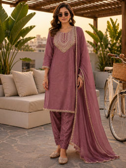 BERRYLICIOUS - Women's Tissue Embroidered Mauve Kurta And Salwar With Dupatta