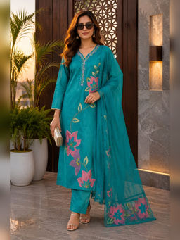 BERRYLICIOUS - Women's Tissue Embroidered Blue Kurta And Pant With Dupatta