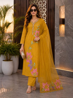 BERRYLICIOUS - Women's Tissue Embroidered Mustard Kurta And Pant With Dupatta