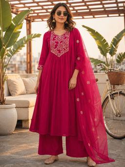 BERRYLICIOUS - Women's Chanderi Silk Embroidered Pink Anarkali And Palazzo With Dupatta
