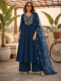 BERRYLICIOUS - Women's Chanderi Silk Embroidered Navy Blue Anarkali And Palazzo With Dupatta