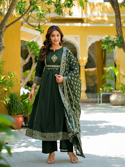 BERRYLICIOUS - Women's Cotton Printed Green Kurta And Pant With Dupatta
