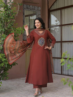 BERRYLICIOUS - Women's Cotton Printed Rust Anarkali And Pant With Dupatta