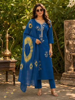 BERRYLICIOUS - Women's Viscose Rayon Embroidered Teal Kurta And Pant With Dupatta