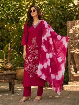 BERRYLICIOUS - Women's Rayon Embroidered Pink Kurta And Pant With Dupatta