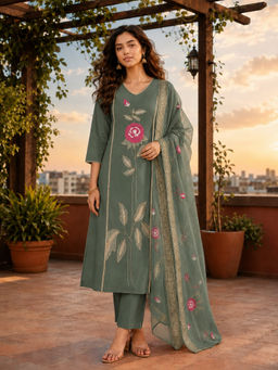 BERRYLICIOUS - Women Cotton Embroidered Green Kurta And Pant With Dupatta