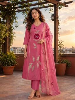 BERRYLICIOUS - Women's Cotton Embroidered Pink Kurta And Pant With Dupatta