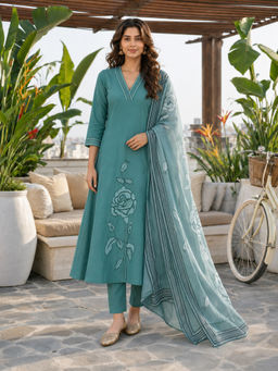 BERRYLICIOUS - Women's Cotton Embroidered Blue Anarkali And Pant With Dupatta