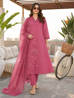 BERRYLICIOUS - Women's Cotton Embroidered Pink Anarkali And Pant With Dupatta